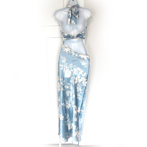 Reformation Vivi Silk Maxi Dress NEW Aliso Blue Floral Bandeau Halter Satin Sz 2 - Picture 5 of 8